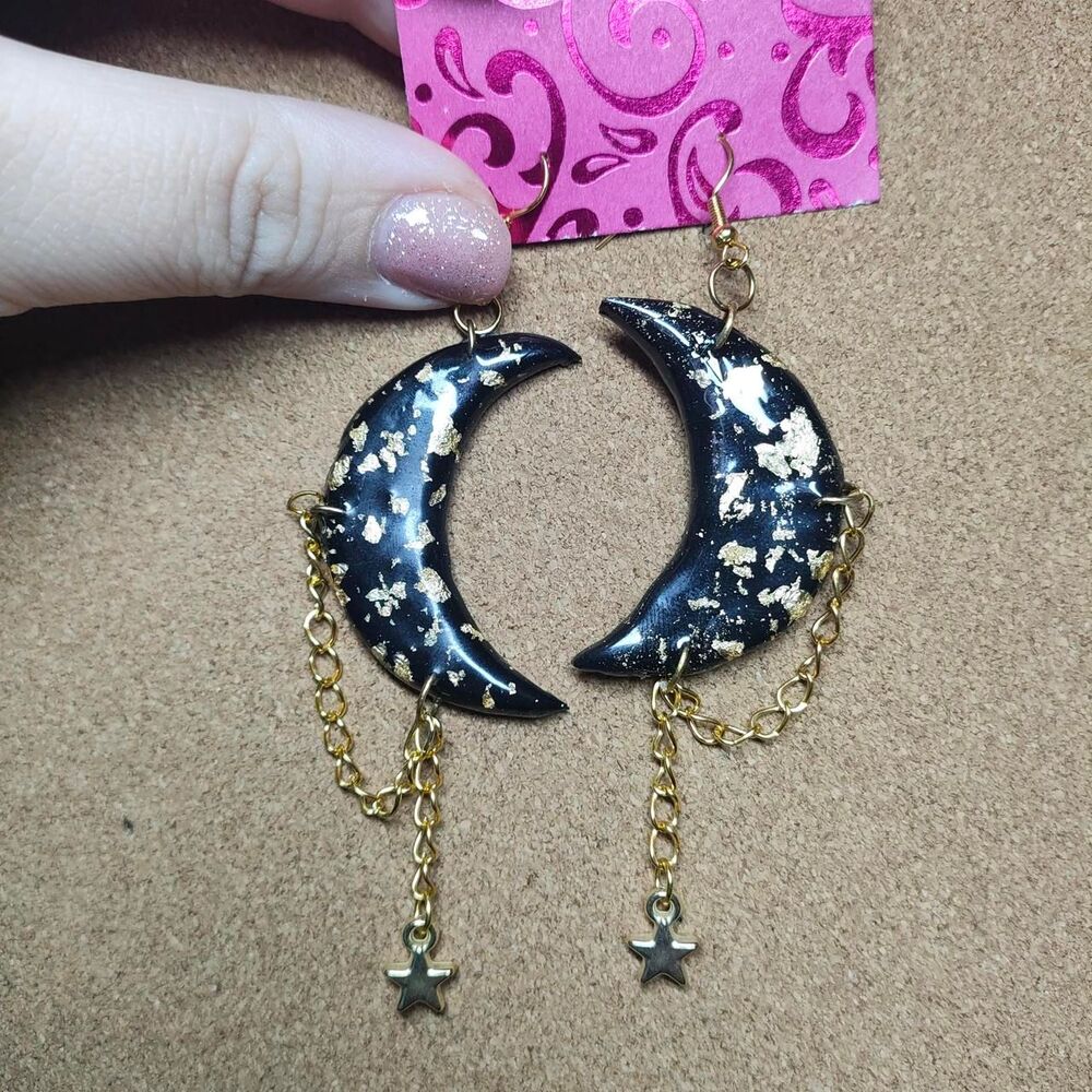 Handmade-Black and gold crescent moon earrings-3in long-made of polymer clay